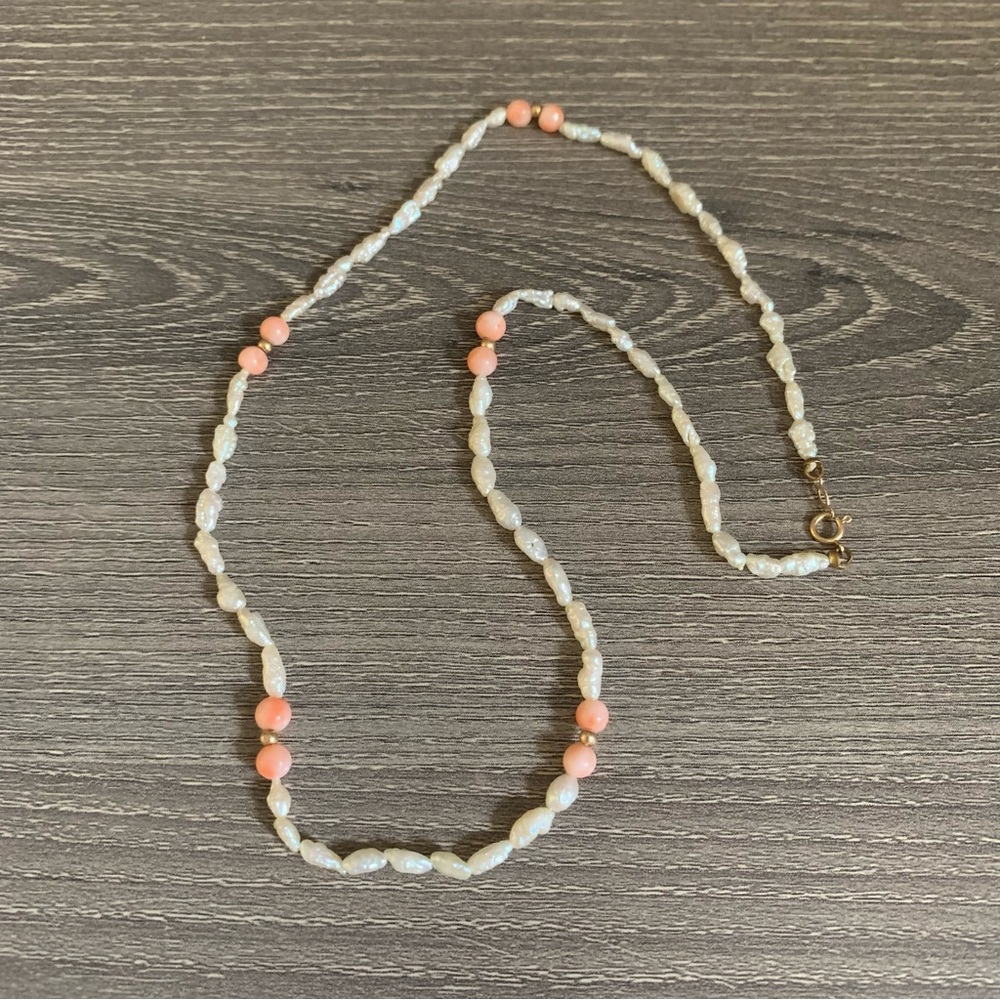 Vintage Genuine Rice Pearl Coral Beach 14K Gold Necklace 17” Strand Angel Skin
